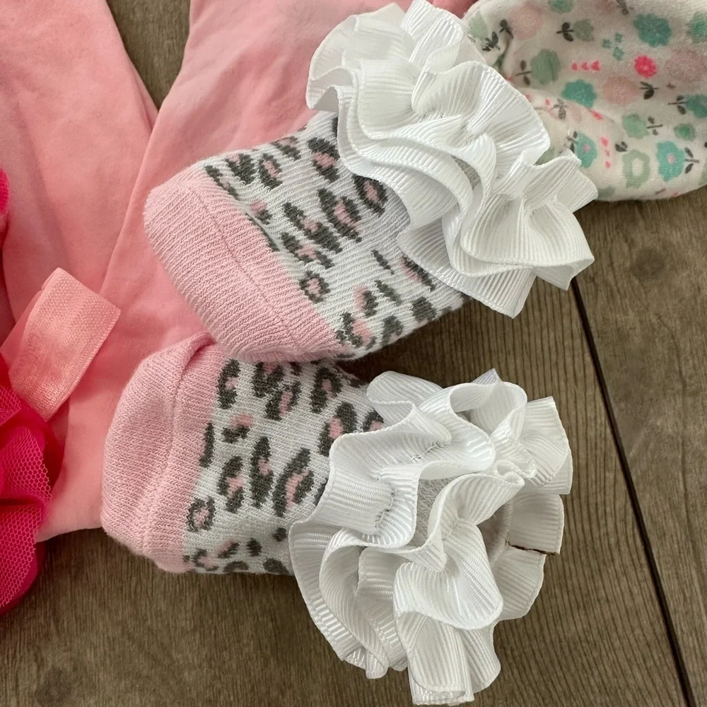 0-6 m baby girl accessory lot -pantyhose, socks bundle, hair piece, hand booties